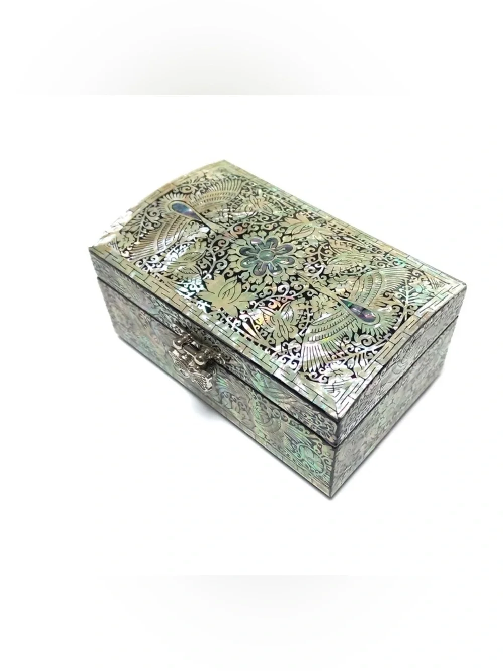 Mother of Pearl Jewelry Box: Crane Pattern Wood Storage